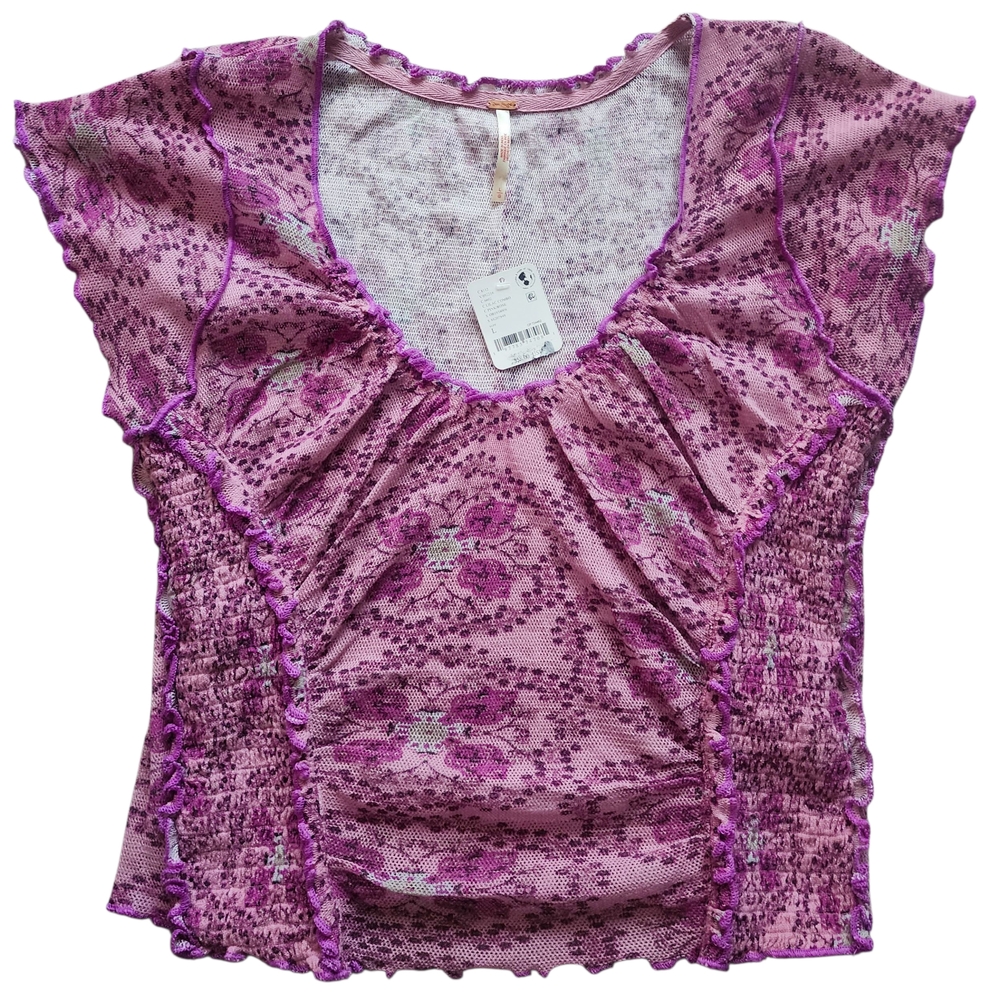 Free People Oh My Baby Tee Floral Lace Pink Purple Lettuce Trim Large NWT - Picture 2 of 6